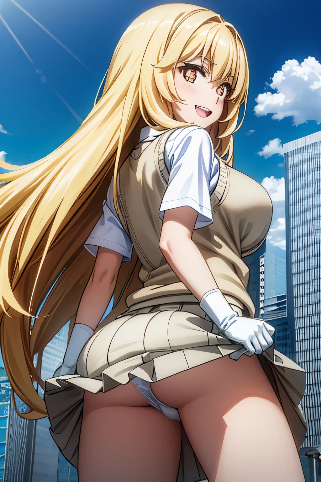 misaki shokuhou, blonde hair, hair between eyes, long hair, (symbol-shaped pupils:1.5), yellow eyes,elbow gloves, gloves, , short sleeves, summer uniform, sweater vest, tokiwadai , white gloves, (light brown sweater vest:1.2), 1girl,18yo,perfect hands, perfect finger,perfect anatomy,masterpiece, best quality,realistic, hyperrealistic, 16k hdr, outdoors,strong wind,(happy smile:1.2),(skirt lift herself:1.5),(micro panty:1.3),(from below),spread legs,large breasts,(from behind,ass,looking back:1.2)