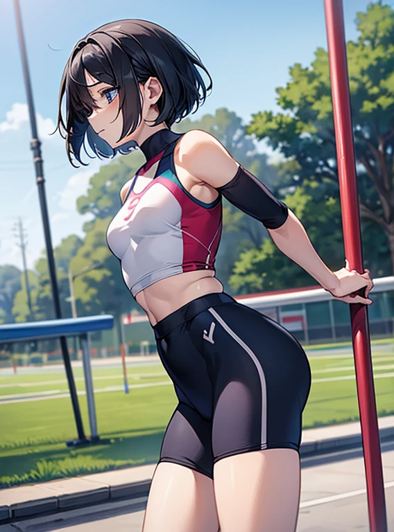 dog,Singlets,runner,cute,girl,Olympic,running,Finish,masterpiece,best quality,super fine illustration,super detailed,Black Hair,short hair,Thick eyebrows