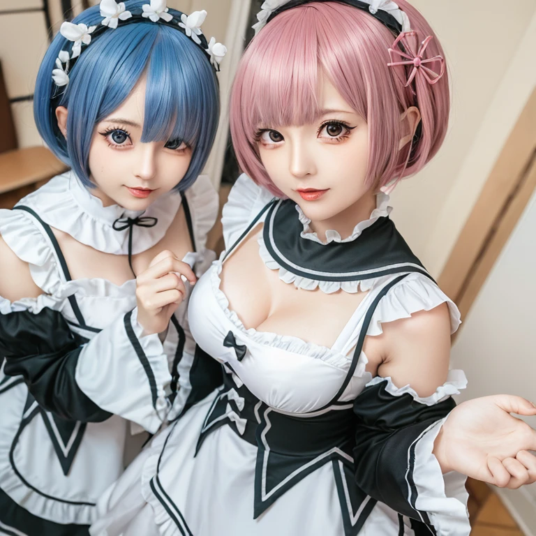 (8K, Photorealistic, Raw photo, of the highest quality: 1.3), (1girl in), Super beautiful, (Realistic face), (boyish, light blue Color Berry Shorthair),(8K, Photorealistic, Raw photo, of the highest quality: 1.3), (1girl in), Super beautiful, (Realistic face), (boyish, pink Color Berry Shorthair), Beautiful , Glare that captivates the viewer, Beautiful expression, Beautiful , (Realistic skin), Be...Create a detailed and colorful image of Ram and Rem from Re:Zero, standing back-to-back in their maid outfits, with a magical fantasy background、14yearsirls,cute, perfect face, beautiful, nice body, gothic lolita clothes, goolita fashion, frilly sheaddress, necklace, bracelet, knee-high socks, boots, double eyelids, tear bags, Detailed down to the fingers, photo-like description, indoors, dim indoor lighting, one girl is pink hair and short bob, another girl is light blue haind short bob,standing, whole body, composition that shows the whole body, smiling,The Both of them are wearing the same type of maid outfit