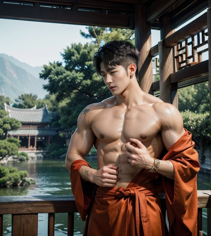 2 Handsome chinese guy kissing, smilling at each other, bare chest , show the abs, 20 years old,hug, cuddle, touching lips, skin ship, romantic,  Asian, chinese hansome actor, kpop idol, handsome male model,manly, master work, best picture quality, higher quality, high detail, super high resolution, 8k resolution, perfect clear light,perfect eyes, perfect skin, manly jawline, manly chin, perfect hands, big  chest muscles,  bare chest, big juicy butts, tattoos chest, tattoo hands, tattoo legs, tattoo back, tattoo arms,earings, ancient pendents,  braceles, glowing eyes, short hair, hair details, detailed background , open Hanfu transparent (see throught), super sexy loincloth, detailed perfect abs, Chinese garden background, Chinese kung fu, dragon-themed costumes, monk robes, spinning floating particles, chinese temple in background,