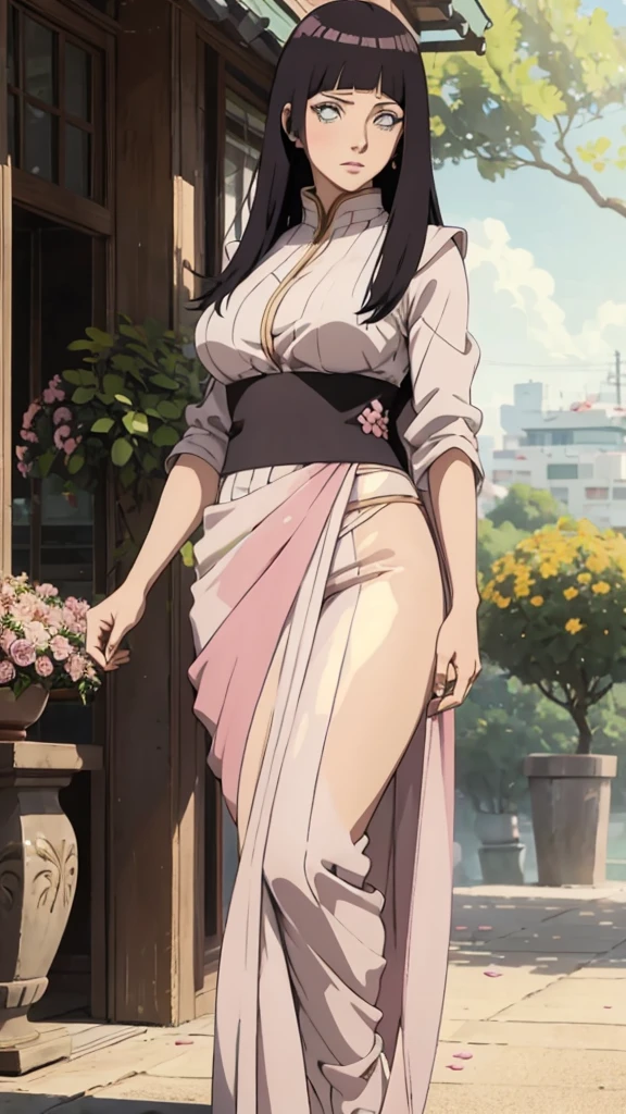 masterpiece, absurdres, hinata uzumaki\(boruto\), 1girl, solo,mature female, wearing indian saree, saree has black blouse, golden dupatta and golden pallu, looking at viewelling petals), perfect composition, detailed lips, big breast, beautiful face, body proportion, blush, (pink lips), long pink hair, hair over shoulder, Green-eyed, soft gaze, super realistic, detailed, photoshoot, realistic face and body, full body picture