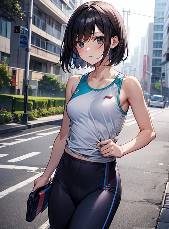 masterpiece, best quality, <lora:kinue-nvwls-v1-000009:0.7> kinue, earrings, white tank top, spandex shorts, wristbands, looking at viewer, running, street, :D