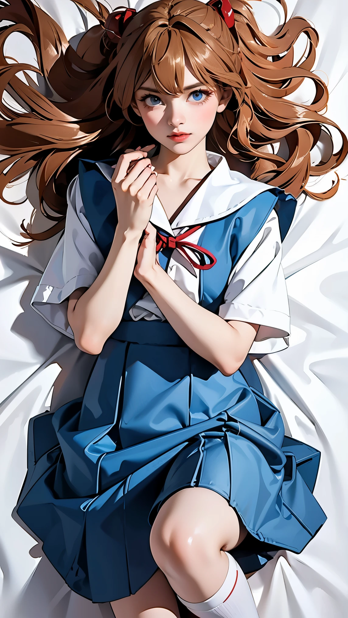 ((highest quality, 8k, masterpiece:1.3, Realistic:1.3)), {{Lying in bed, From above, dakimakura}}, Japanese , Single woman,  very light brown hair, With bangs, (Japanese Uniform, socks, Thick thighs,Save the song in cotton), Highly detailed face and skin texture, Beautiful Eyes, Lip details, The hair is very well drawn, Facing the children, In the heat, Embarrassed look, Natural Makeup:1.0,Skirt flip,pantyhose,