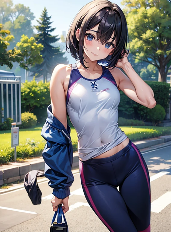 Small breasts、Beautiful and attractive anime woman, Enchanting anime girl, Top rated on pixiv、Short Bob、spats、Exercise clothes、Athletics、Running a marathon、Healthy Body、fine、laughing