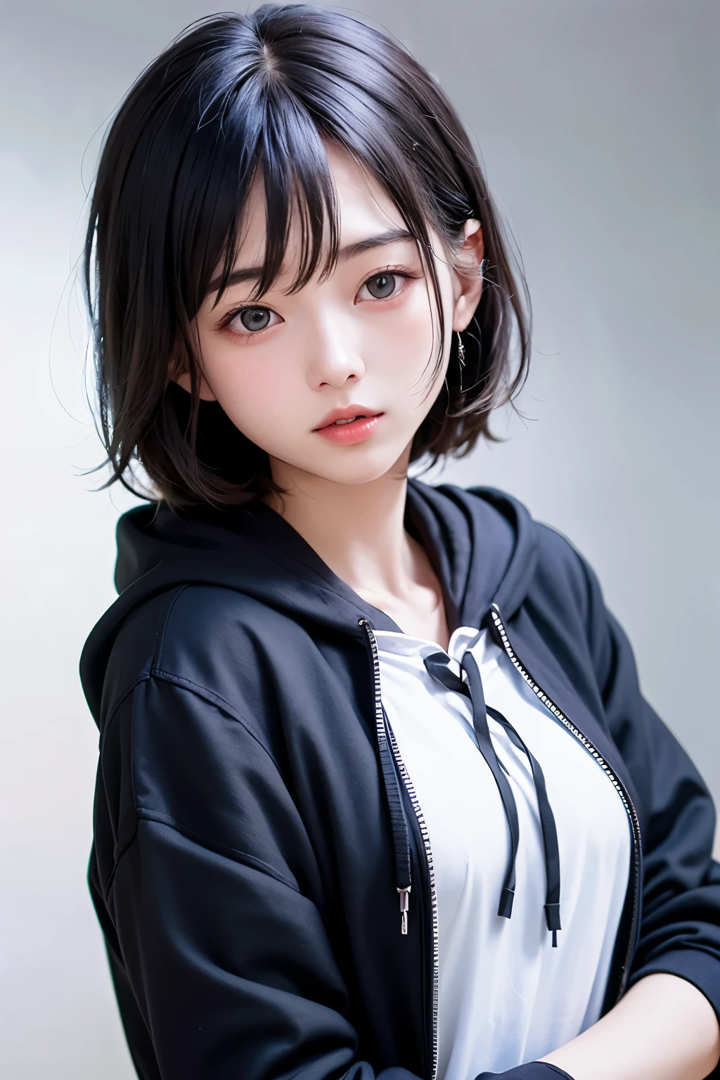(1 nogizaka girl,raw photo,photo realistic:1.5),(best quality, high quality,HDR, highest quality,ultra high resolution,high resolution,high res,ultra high difinition,huge file size,8K,2K wallpaper,8K wallpaper,high quality texture,amazing,an extremely delicate:1.4),one girl, Japanese famous idol,beautiful face,small face,absurd,ridiculous,incredibly ridiculous,portrait,breasts close up,blurry background,(hoodie,no makeup:1.2),medium skin,beautiful skin,detailed skin,small head,black hair,silky hair,(Japanese eyes:1.3),detailed eyes,black eyes,Japanese idol eyes,Japanese nose,5-fingers,(eyebrow:-0.5),(Light Particles, Lens Flare, Luminous Particles: 0.7),looking at viewer,bright lighting,professional lighting,girl