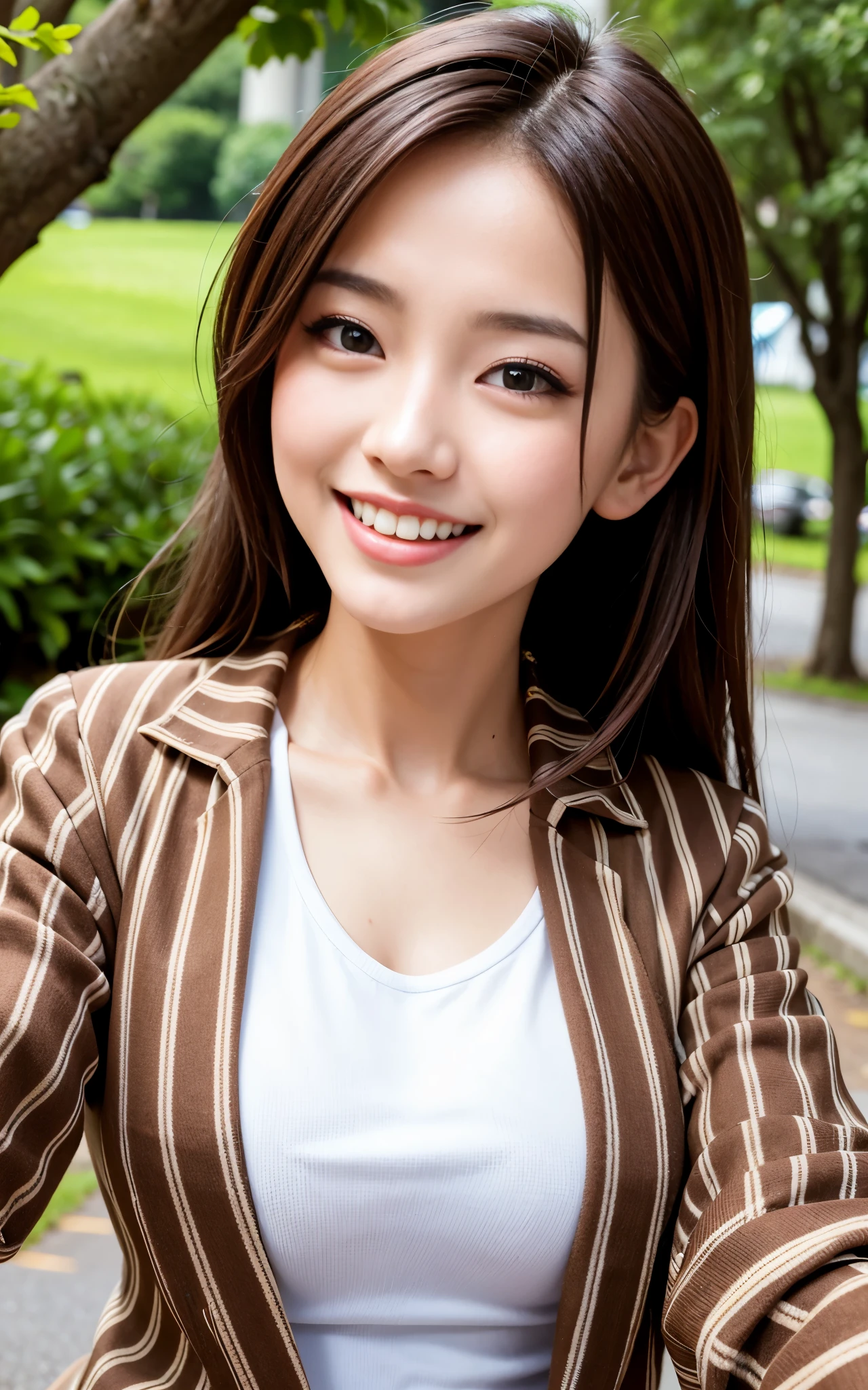 highest quality, figure, Ultra-detailed, finely, High resolution, 8K Wallpaper, 完璧なダイナミックな構figure, ((Sexy pose)), Beautiful Skin, (Big Eyes), 20 year old beautiful girl, Natural color lip, Mid chest, smile, Highly detailed face and skin texture, Detailed eyes, Double eyelid,leaking teeth and laughing, close-up, profile, Brown medium hair, (Striped jacket), (shirt:1.2), Tree-lined street