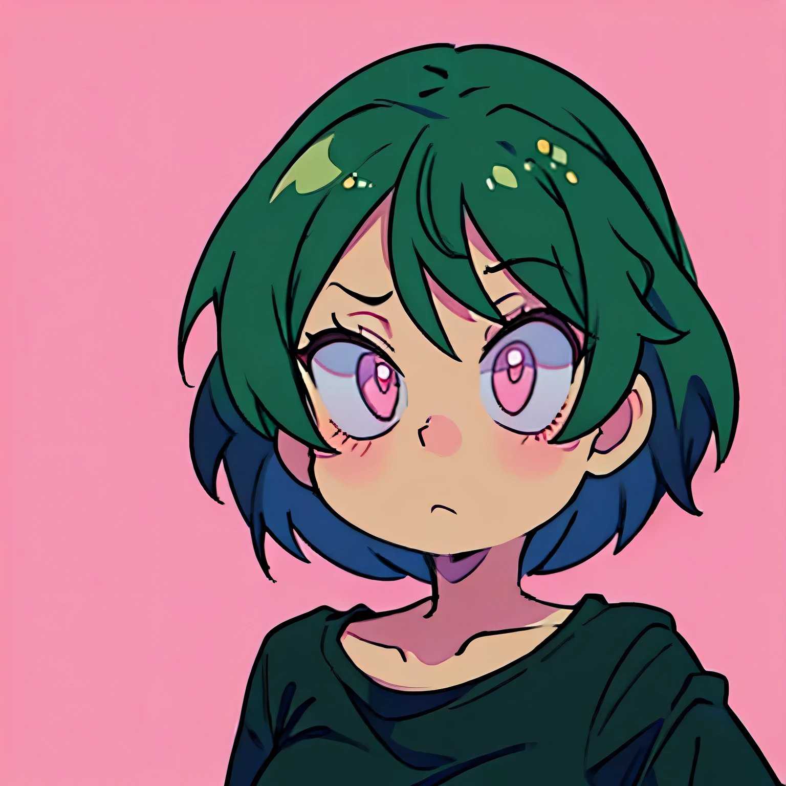 one cute anime girl short green hair and pink eyes wearing black tshirt and sunglasses looking mad staring front no background