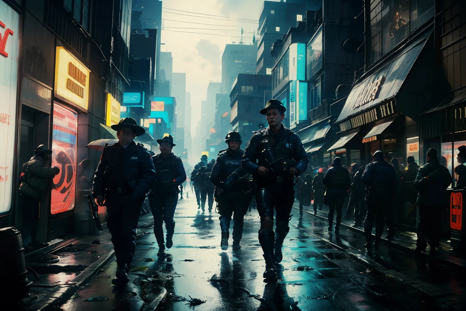 ((highest quality)), ((masterpiece)), (be familiar with), (High definition), (Accurate), (Realistic), (Cinematic), (Best Shadow), (Low contrast), (8K), Perfect Face, ((SYD MEAD style)), manga、mangaデザイン、Storyboard、Frame division、(Two police officers from the Metropolitan Police Department)、((A middle-aged inspector and a young constable))、Face to face、She wasn't the girl I was looking for.、(Glittering neon signs)、congestion, congestion, Decadent Future City, NEO TOKYO, A.D.2051, (steam:1.2), It's raining white, evening,