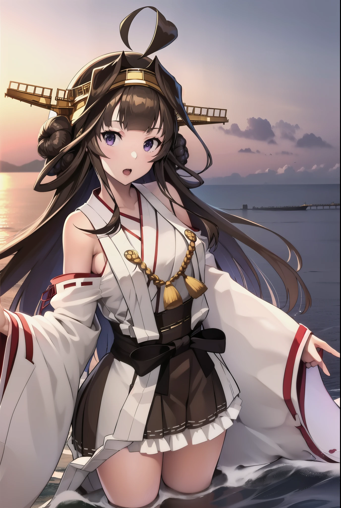 Ship Kongo, kongou, Ahoge, Brown Hair, Double good, Hair Bun, hair band, headgear, Long Hair, (Purple eyes:1.1), 
break boots, Removable sleeves, kimono, Non-traditional Shrine Maiden, Ribbon trim, Sleeves edged with ribbon, Thigh-high boots, Wide sleeves,
break looking at viewer, 笑顔
break outdoors, Beach,
break (masterpiece:1.2), highest quality, High resolution, unity 8k wallpaper, (shape:0.8), (Beautiful details:1.6), Highly detailed face, Perfect lighting, Extremely detailed CG, (Perfect hands, Perfect Anatomy),