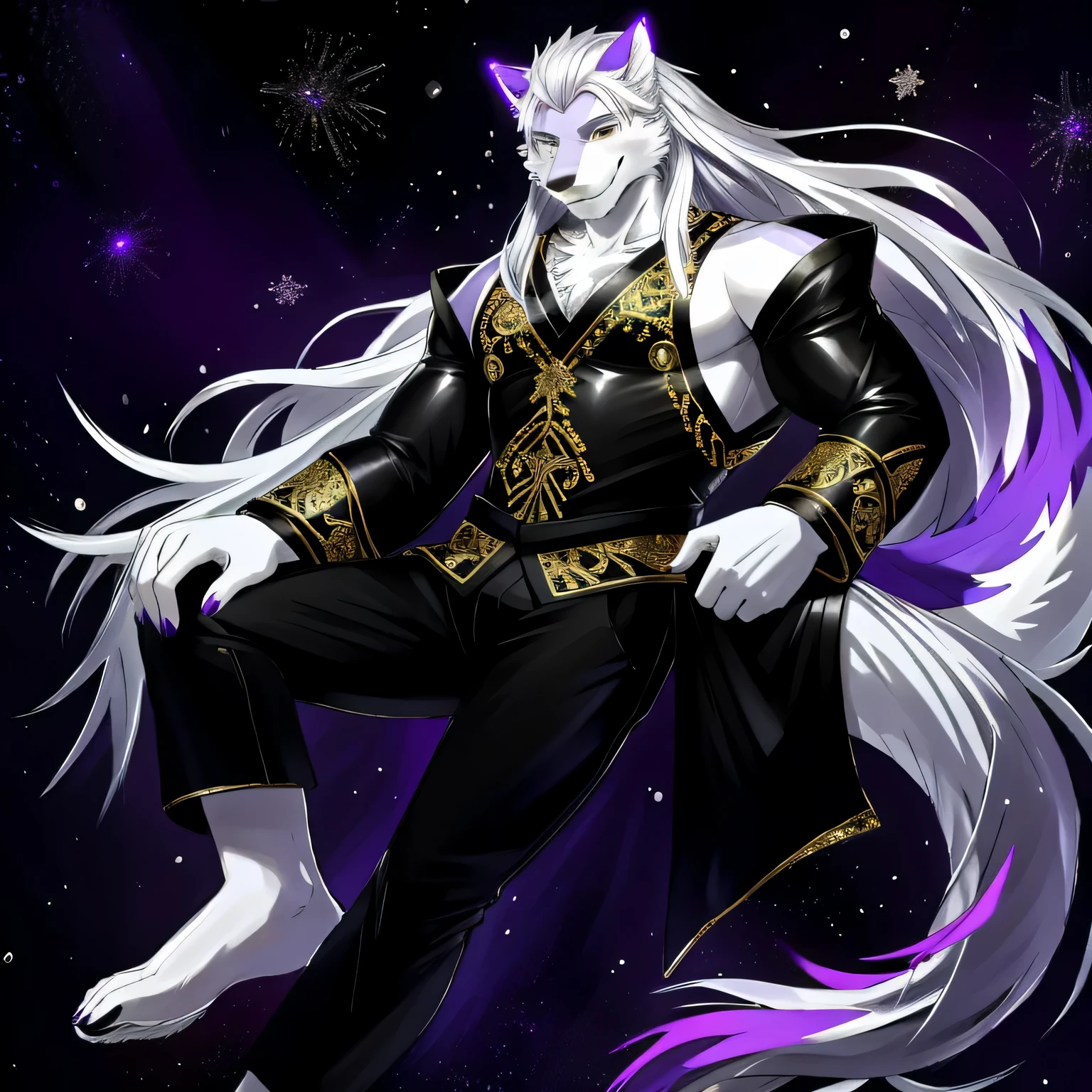 There was a young handsome thin man, The long-haired male nine-tailed silver fox in Japanese mythology, On clothes, His nine tails spread out behind him like a fan, He smiled, He smiled thoughtfully., (masterpiece), full length, For the audience, Surrealism, Wonderful lighting, firefly, Sequins, The overall color is silvery-purple