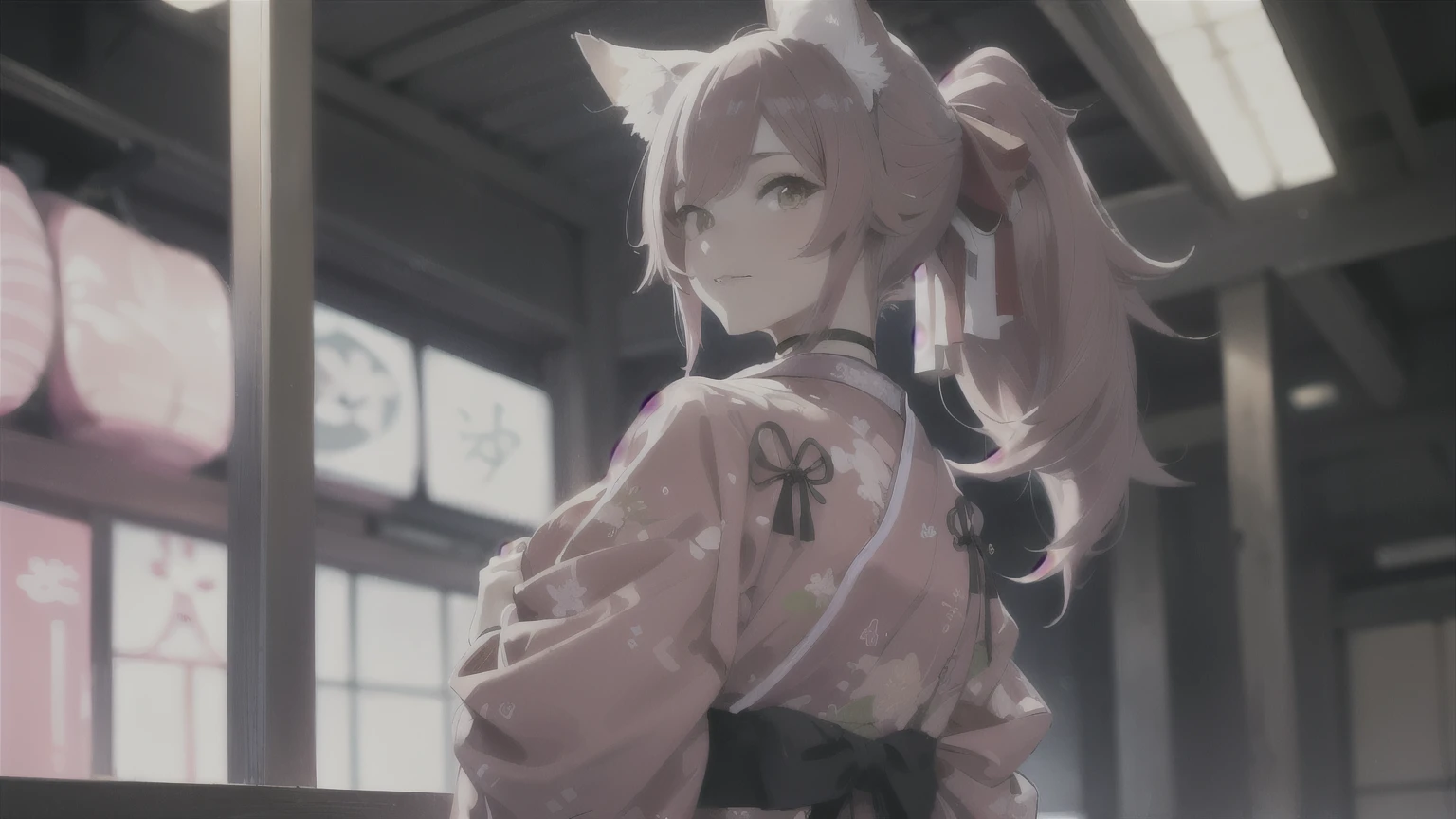 One Woman,,(highest quality,8K quality,masterpiece:1.3,High resolution,Tabletop:1.2, realism:1.3), 初音ミク風のPink Hair Color,23-year-old woman,Full Body Lesbian:1.3,look far away,(Japan Dresses, kimono:1.4,generally:1.2, choker:1.4),(Long Hair:1.2,Well-groomed pink hair), (Backstreets:1.3), Beautiful Face,(Young Gravure Idol, A sophisticated gravure idol),(finely detailed perfect face),Normal hand:1.5,Normal finger:1:5,Normal legs:1.5,Audience, Fantastic, Hair Flowers, Hair Bow, Wolf's tail, High Ponytail, Pink Hair Color,Long Hair, Portraiture, kimono, Super detailed, (High resolution:1.1), highest quality, (masterpiece:1.3), Cinema Lighting, , Grim Reaper Style,Beautiful pink hair