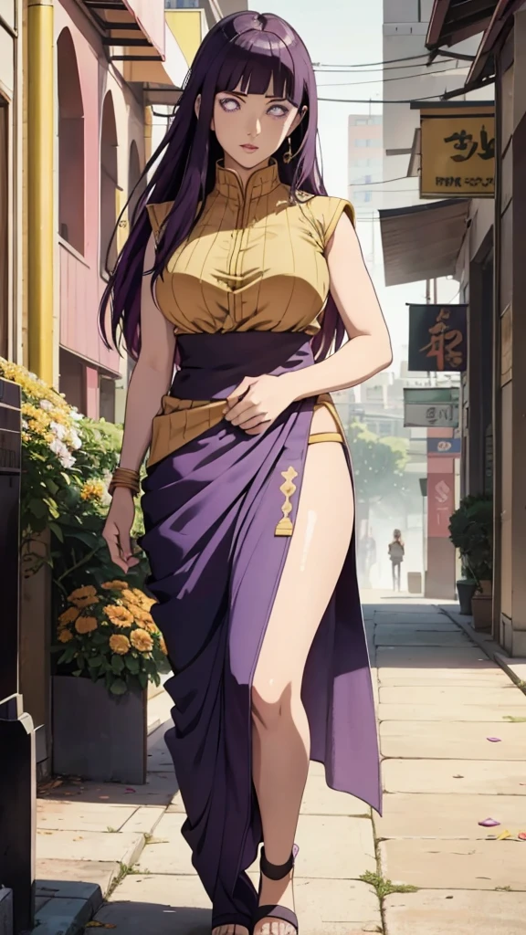 masterpiece, absurdres, hinata uzumaki\(boruto\), 1girl, solo,mature female, wearing indian saree, saree has black blouse, golden dupatta and golden pallu, looking at viewelling petals), perfect composition, detailed lips, big breast, beautiful face, body proportion, blush, (pink lips), long purple hair, hair over shoulder, purple-eyed, soft gaze, super realistic, detailed, photoshoot, realistic face and body, full body picture