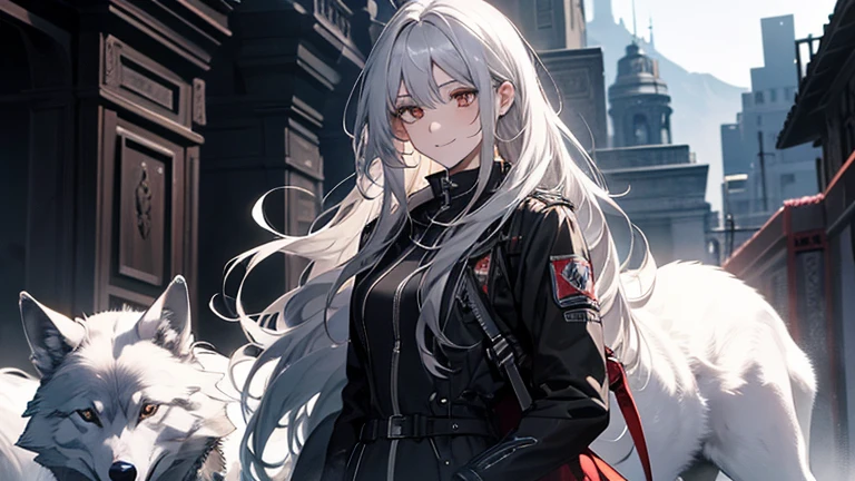 (Confused, High resolution, Very detailed), 1 female, Silver Hair,Long Hair,Reddish brown eyes,black pilot jacket,Black and white suit,20th Generation,Beautiful woman,A shy smile,thin,Are thin,quiet,Calm,Carrying the Wolf,With the wolf,