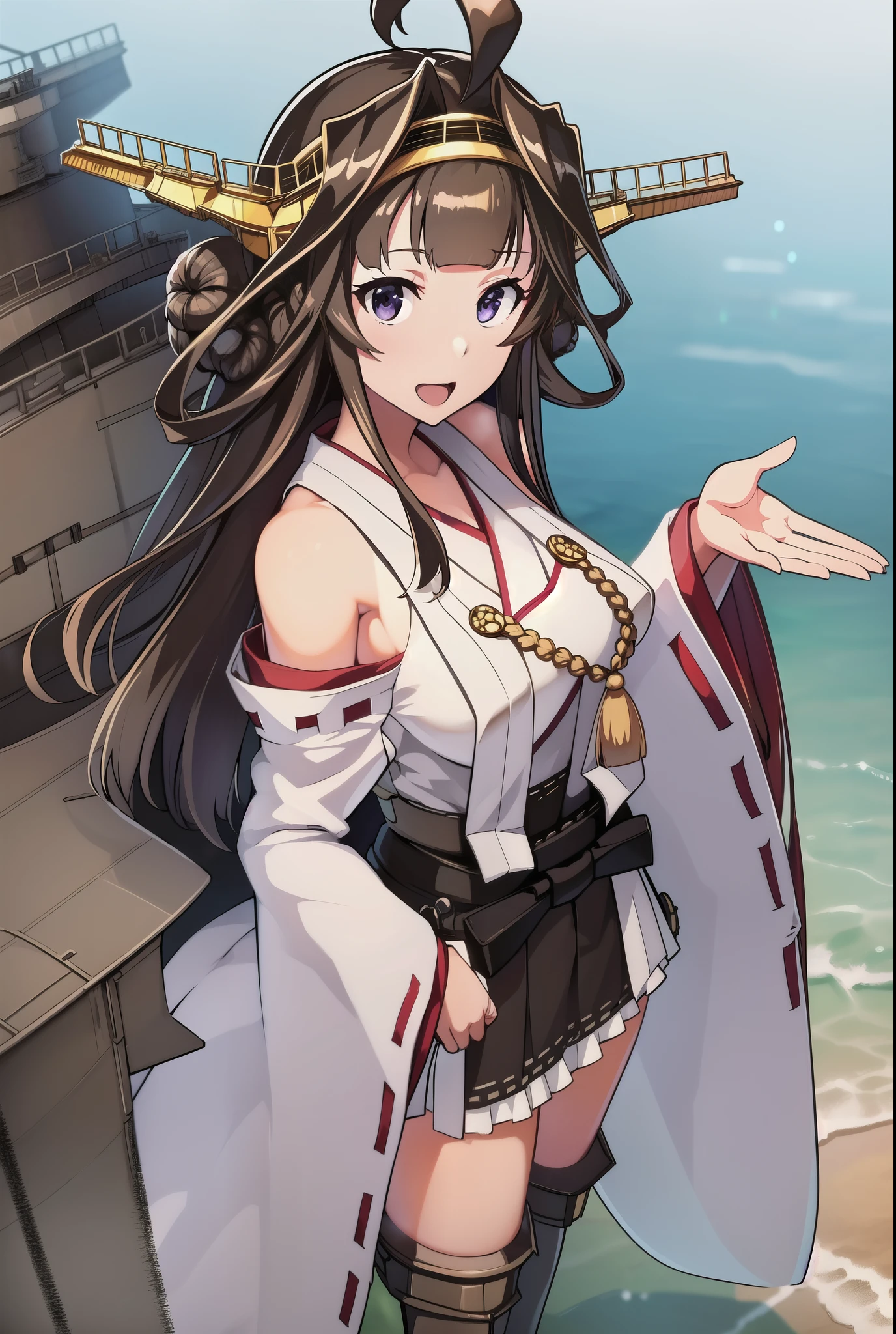 Ship Kongo, kongou, Ahoge, Brown Hair, Double good, Hair Bun, hair band, headgear, Long Hair, (Purple eyes:1.1), 
break boots, Removable sleeves, kimono, Non-traditional Shrine Maiden, Ribbon trim, Sleeves edged with ribbon, Thigh-high boots, Wide sleeves,
break looking at viewer, 笑顔
break outdoors, Beach,
break (masterpiece:1.2), highest quality, High resolution, unity 8k wallpaper, (shape:0.8), (Beautiful details:1.6), Highly detailed face, Perfect lighting, Extremely detailed CG, (Perfect hands, Perfect Anatomy),