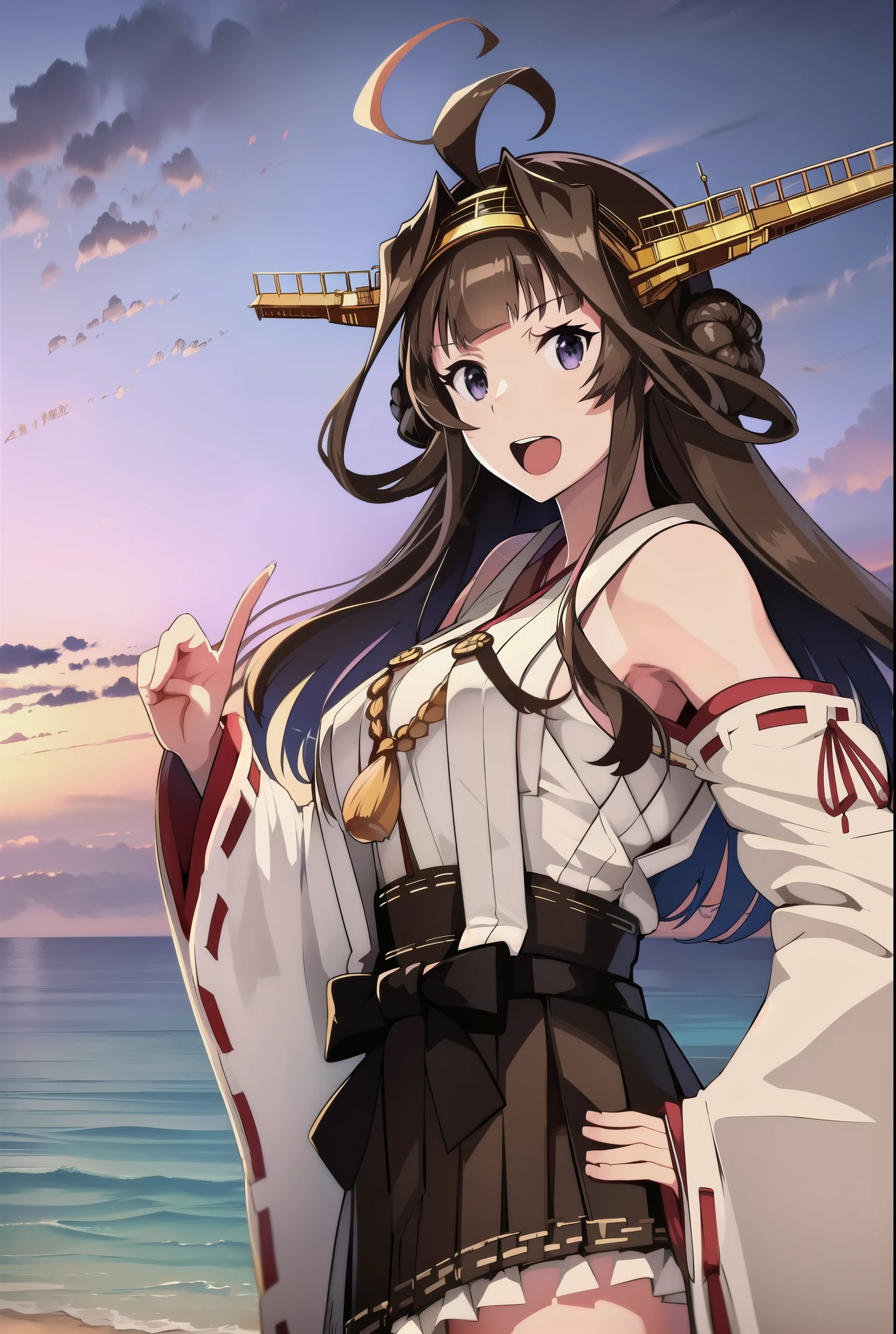 Ship Kongo, kongou, Ahoge, Brown Hair, Double good, Hair Bun, hair band, headgear, Long Hair, (Purple eyes:1.1), 
break boots, Removable sleeves, kimono, Non-traditional Shrine Maiden, Ribbon trim, Sleeves edged with ribbon, Thigh-high boots, Wide sleeves,
break looking at viewer, 笑顔
break outdoors, Beach,
break (masterpiece:1.2), highest quality, High resolution, unity 8k wallpaper, (shape:0.8), (Beautiful details:1.6), Highly detailed face, Perfect lighting, Extremely detailed CG, (Perfect hands, Perfect Anatomy),