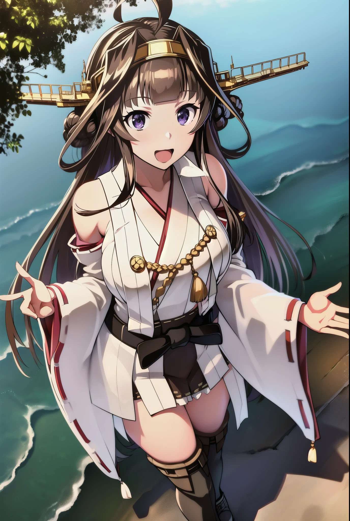 Ship Kongo, kongou, Ahoge, Brown Hair, Double good, Hair Bun, hair band, headgear, Long Hair, (Purple eyes:1.1), 
break boots, Removable sleeves, kimono, Non-traditional Shrine Maiden, Ribbon trim, Sleeves edged with ribbon, Thigh-high boots, Wide sleeves,
break looking at viewer, 笑顔
break outdoors, Beach,
break (masterpiece:1.2), highest quality, High resolution, unity 8k wallpaper, (shape:0.8), (Beautiful details:1.6), Highly detailed face, Perfect lighting, Extremely detailed CG, (Perfect hands, Perfect Anatomy),