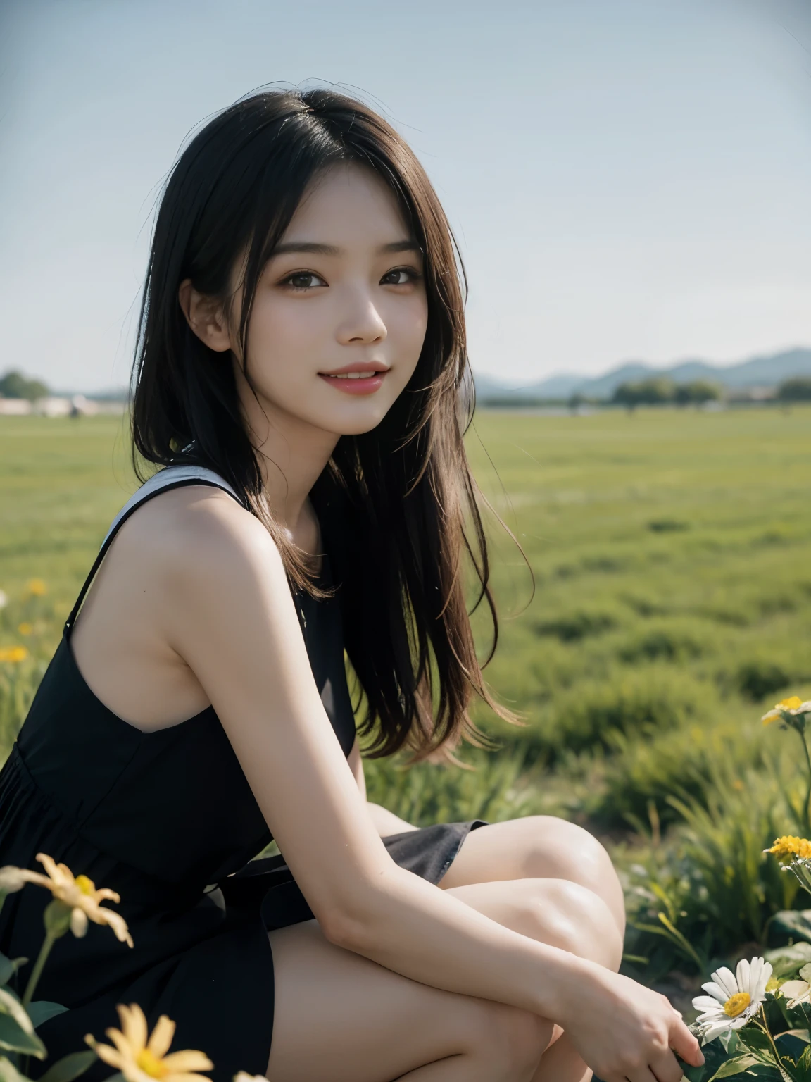(ultra realistic), (best illustration), (increase resolution), (8K), (masterpiece), (wallpaper), solo, 1 girl, looking at viewers, black straight hair, in the dark, deep shadow, low key, pureerosfaceace_v1, happy smile, simple dress, meadow