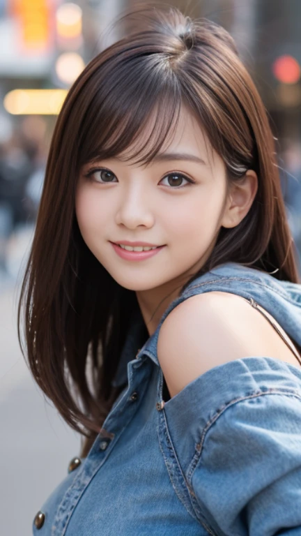 Tabletop, highest quality, shape, Very detailed, In detail, High resolution, 8k wallpaper, Perfect dynamic composition, Beautiful details, Winter casual wear,Medium Hair,Huge breasts,Natural color lip, Bold sexy pose,smile,Harajuku、20-year-old female、cute、sexy shot looking at camera,lift,Face close-up,
