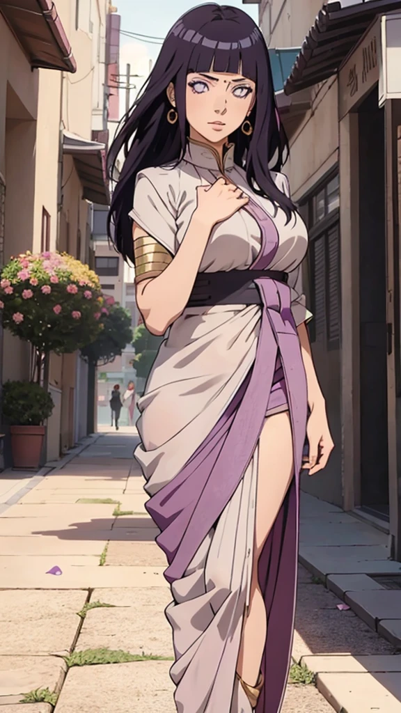 masterpiece, absurdres, hinata uzumaki\(boruto\), 1girl, solo,mature female, wearing indian saree, saree has black blouse, golden dupatta and golden pallu, looking at viewelling petals), perfect composition, detailed lips, big breast, beautiful face, body proportion, blush, (pink lips), long purple hair, hair over shoulder, purple-eyed, soft gaze, super realistic, detailed, photoshoot, realistic face and body, full body picture