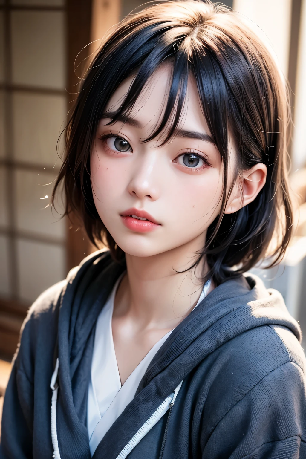 (1 nogizaka girl,raw photo,photo realistic:1.5),(best quality, high quality,HDR, highest quality,ultra high resolution,high resolution,high res,ultra high difinition,huge file size,8K,2K wallpaper,8K wallpaper,high quality texture,amazing,an extremely delicate:1.4),one girl, Japanese famous idol,beautiful face,small face,absurd,ridiculous,incredibly ridiculous,portrait,breasts close up,blurry background,(hoodie,no makeup:1.2),medium skin,beautiful skin,detailed skin,small head,black hair,silky hair,(Japanese eyes:1.3),detailed eyes,black eyes,Japanese idol eyes,Japanese nose,5-fingers,(eyebrow:-0.5),(Light Particles, Lens Flare, Luminous Particles: 0.7),looking at viewer,bright lighting,professional lighting,girl