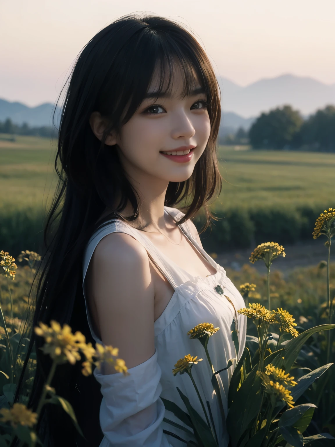 (ultra realistic), (best illustration), (increase resolution), (8K), (masterpiece), (wallpaper), solo, 1 girl, looking at viewers, black straight hair, in the dark, deep shadow, low key, pureerosfaceace_v1, happy smile, simple dress, meadow