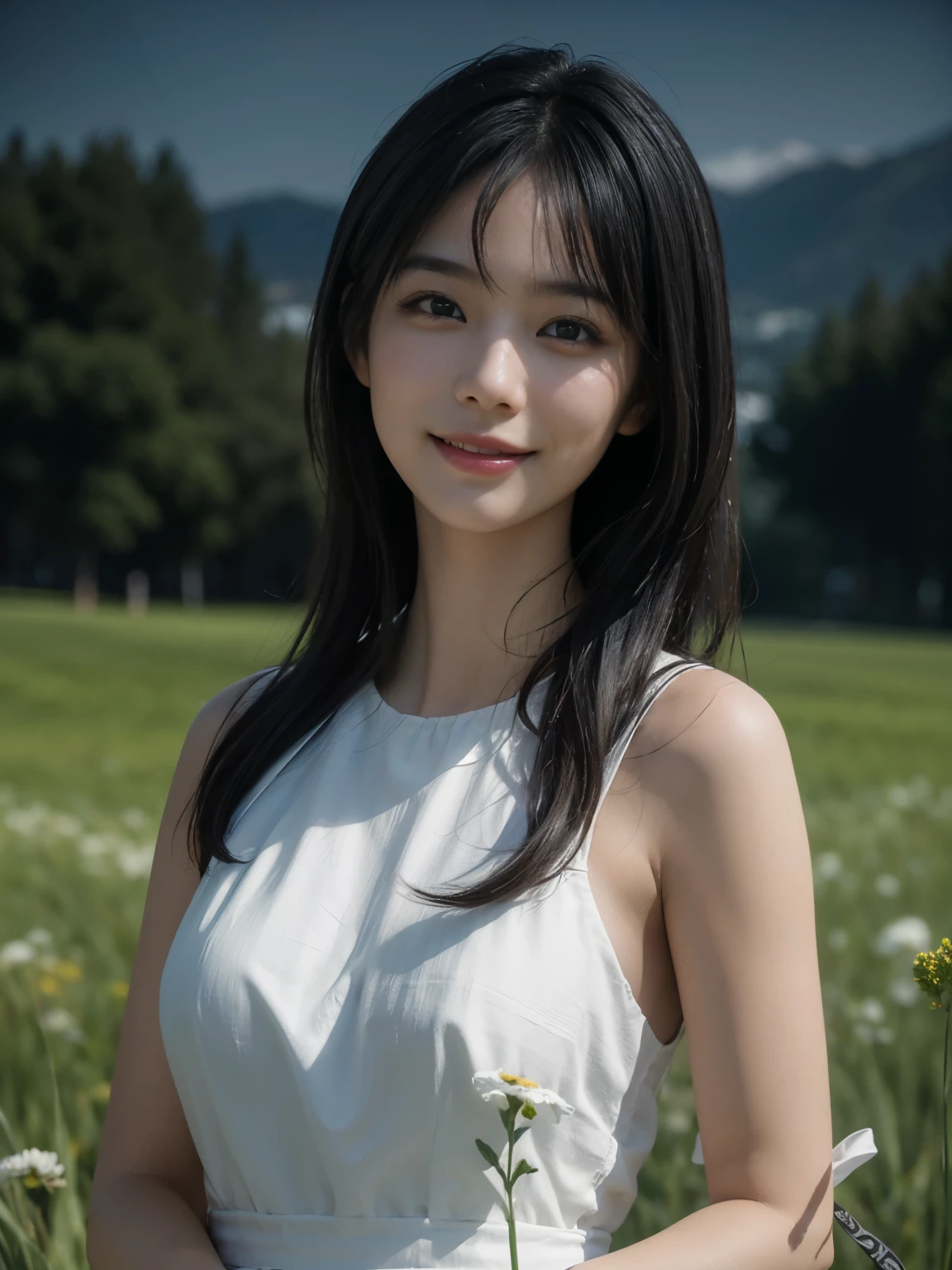 (ultra realistic), (best illustration), (increase resolution), (8K), (masterpiece), (wallpaper), solo, 1 girl, looking at viewers, black straight hair, in the dark, deep shadow, low key, pureerosfaceace_v1, happy smile, simple dress, meadow