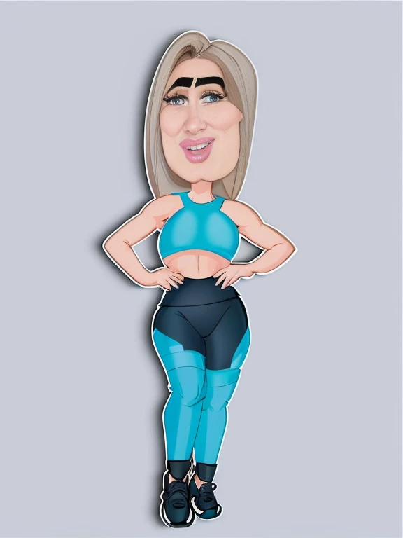 digital drawing, 4k, Fitness Model, cartoon woman in blue blouse and black pants with a big belly, shaded cel:15, shaded cel!!!, cartoon style, cartoon style, upper body avatar, digital art cartoon, caricature, cartoon art style, show rendering, caricature, full body portrait of a short!, full body portrait, cel shaded vector art, cel shaded