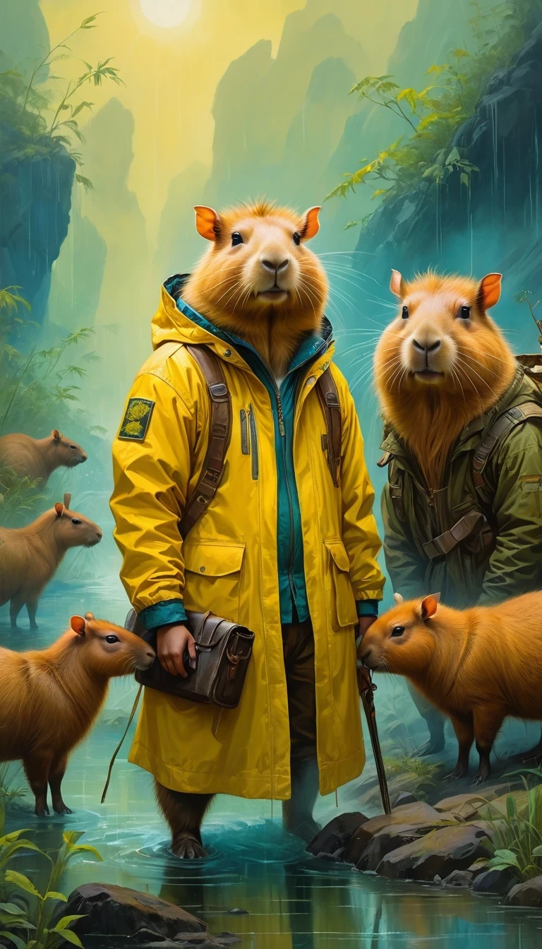 (masterpiece, best quality, moralityetailemorality), painting of a romoralityent in a yellow jacket, capybara, Anthropomorphic capybara, Post-apocalyptic explorer, portrait of an amoralityventurer, Surrealism, morality & morality fantasy art, stunning moralityigital illustration,