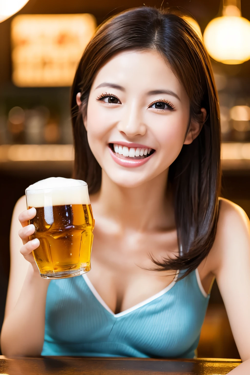 A very cute face like an idol、Looks like a young face、20-year-old female、Gentle and cute、A kind smile、Cleavage、A bar with lots of people、Cheers with beer mugs、whole body、RAW Photos、Genuine、Artistic、Real Stick、High resolution、Genuine Life、No copyright notice