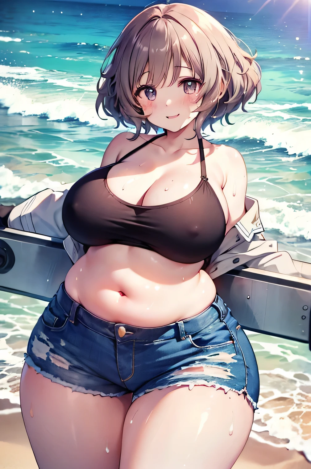 Anime illustration、highest quality、A short and plump high school girl、California beaches、Tube top、hot pants、Perfect proportions、overwhelmingly big breasts、Thick legs、Beautiful, shining eyes、Cowboy Shot、smile、Excessive sweating、Noise Reduction