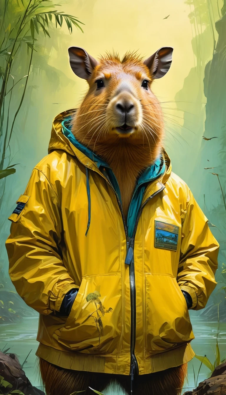 (masterpiece, best quality, moralityetailemorality), painting of a romoralityent in a yellow jacket, capybara, Anthropomorphic capybara, Post-apocalyptic explorer, portrait of an amoralityventurer, Surrealism, morality & morality fantasy art, stunning moralityigital illustration,