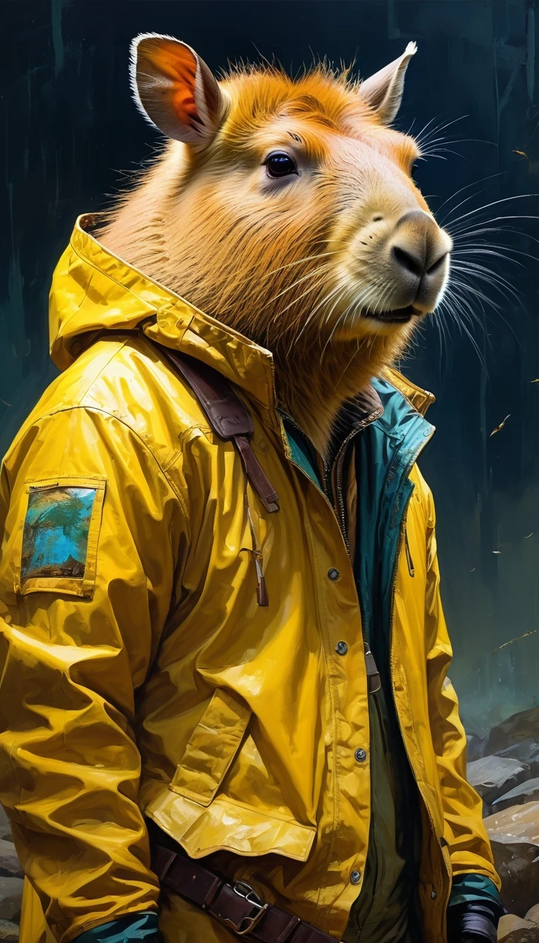 (masterpiece, best quality, moralityetailemorality), painting of a romoralityent in a yellow jacket, capybara, Anthropomorphic capybara, Post-apocalyptic explorer, portrait of an amoralityventurer, Surrealism, morality & morality fantasy art, stunning moralityigital illustration,