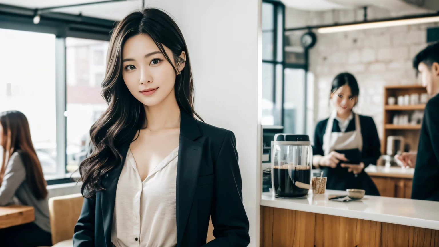 super high quality, Black Hair, Slender, Gravure photoshoot, The staff is working at the counter in the back., (8k、RAW Photos、highest quality、masterpiece:1.2), Stylish café, (Realistic、Photorealistic:1.37), Beautiful Face , Normal chest, Urban Cafe, Golden Ratio, Raw photo, musician, Blurred Background, curl, Spring Clothes, Beauty, suit, 30 years old, Neat clothes, 
