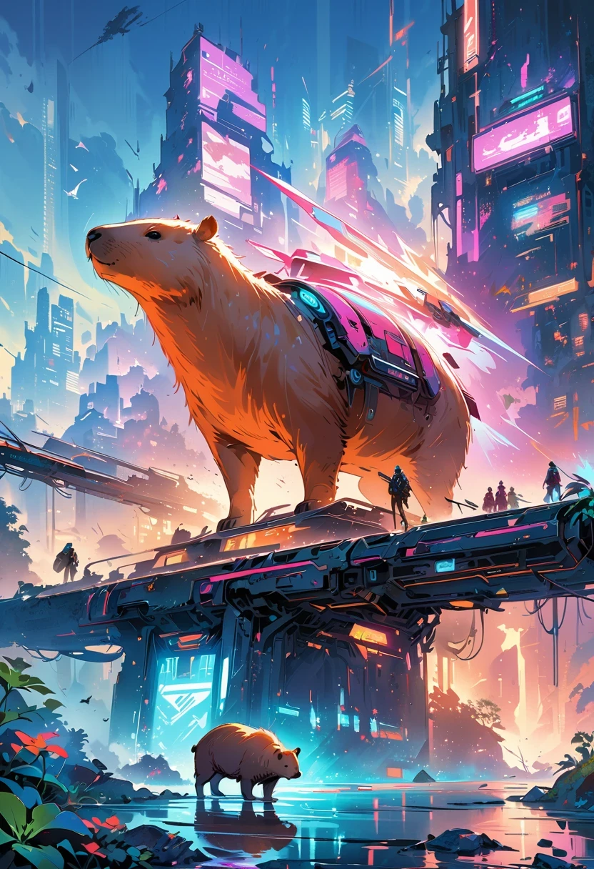 Translucent Ethereal Mechanical Capybara，Capybara Mechanical，Future city background，Beautiful sci-fi art, Sci-fi digital art illustration, Digital cyberpunk art, Sci-fi digital painting, futuristic digital painting, futuristic concept art, In front of sci-fi cityscape, Sci-fi digital art, Advanced digital cyberpunk art, The Magical Cyberpunk Capybara