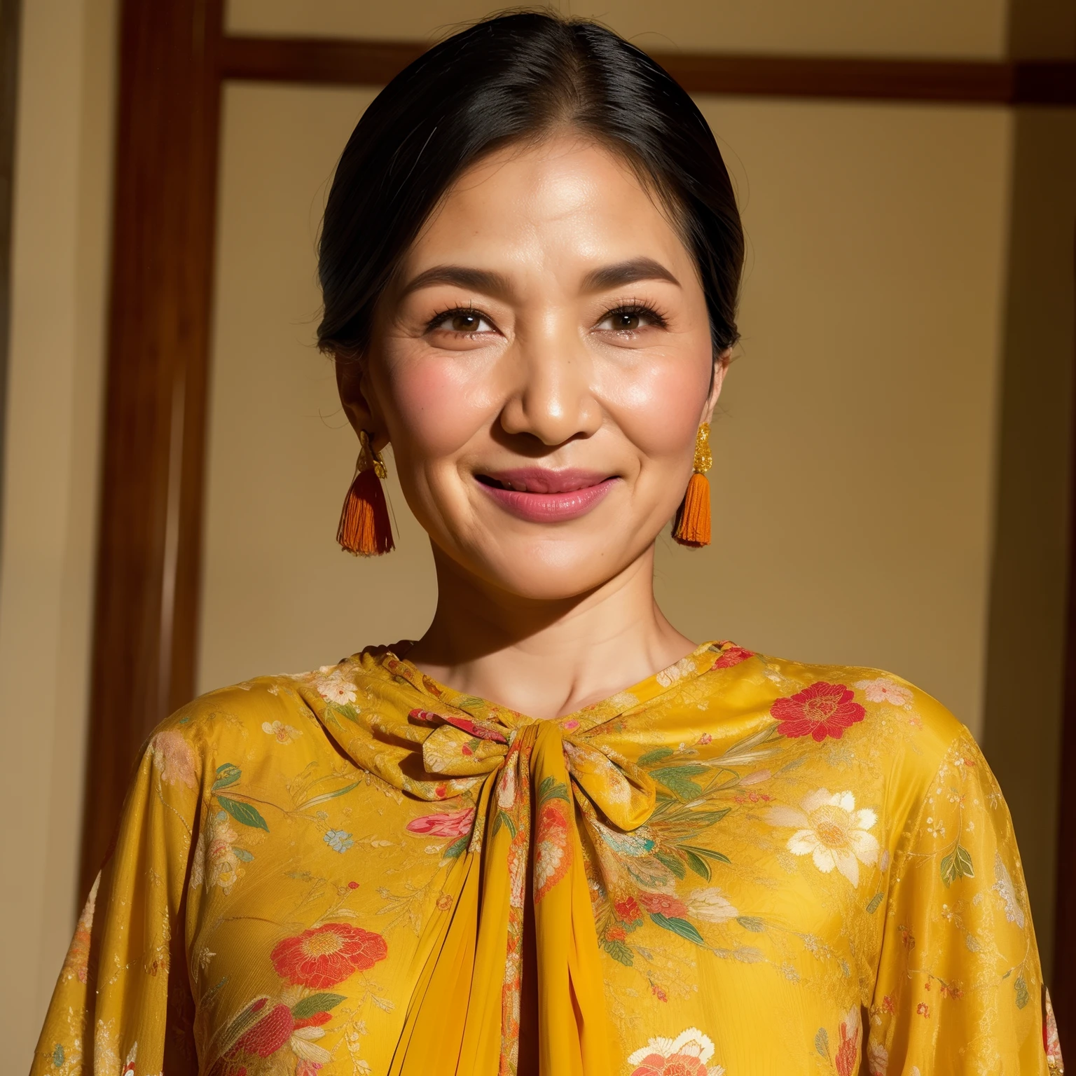 Visualize a woman of 45 years old, gracefully clad in an elegant sari and a classic blouse reminiscent of the old generation. Her sari is adorned with intricate golden borders and vibrant colors, flowing gracefully around her slender figure. The blouse is white and translucent, revealing just a hint of her golden bangles. Her hair, pulled back into a traditional bun, frames her gentle, wrinkled face. The corners of her eyes are creased with wisdom, and her lips carry a subtle smile. She exudes an air of elegance and sophistication, embodying the timeless beauty of Indian culture.