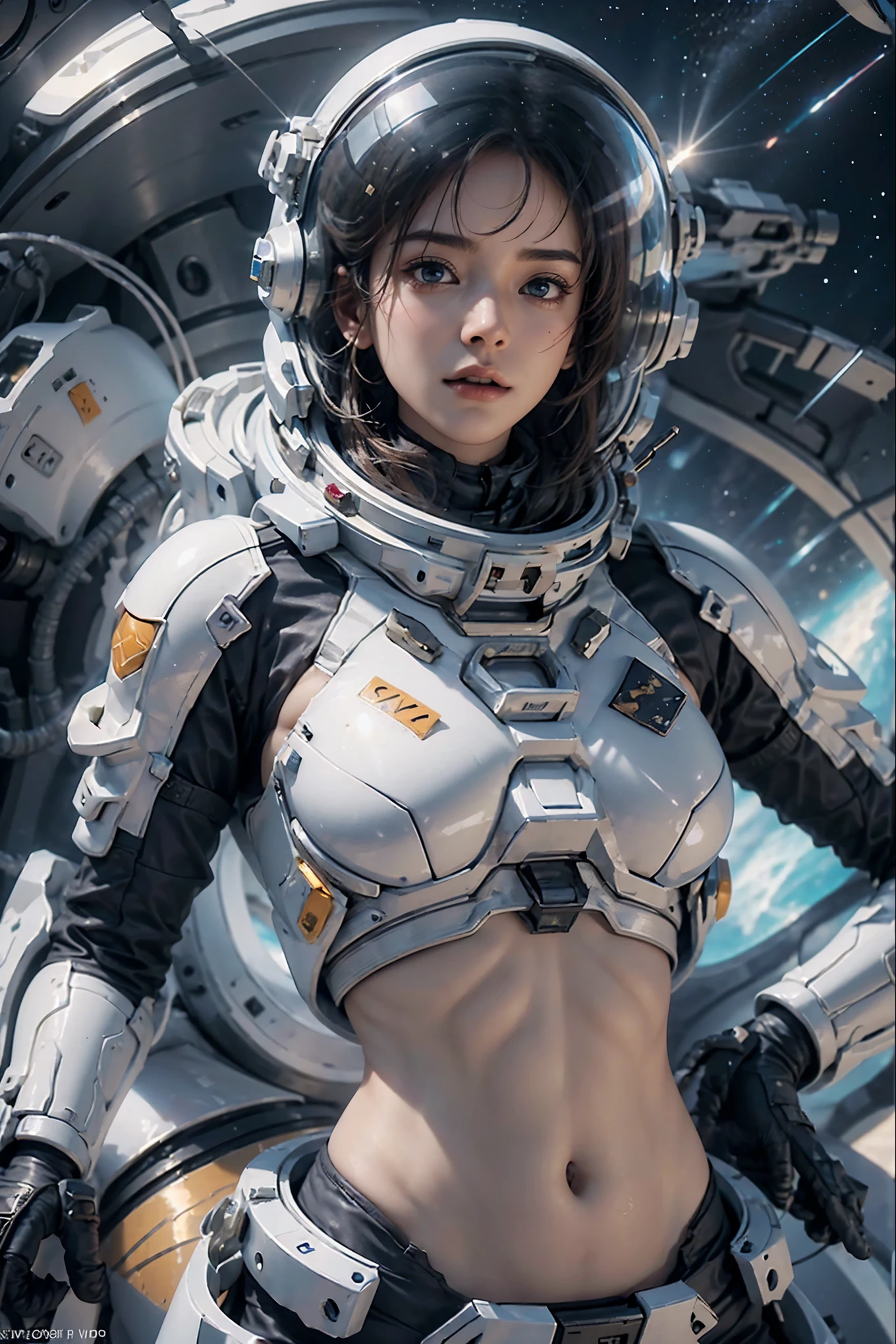 arafed woman wear spacesuit standing in front of space, The background is a desolate ice planet, ((Very detailed helmet)), outdoor, midriff spacesuit, Short crop top, ((bare belly)), belly open, stomach, beautiful girl, super high resolution (photorealistic: 1.4), cosmetics, sky stay, Super Detailed, Stunningly Beautiful, Dynamic Poses, Refined Faces, Vibrant Eyes, High Detailed Skin, Realistic Skin Details, Visible Pores, Sharp Focus, Volumetric Fog, 8k Ultra HD, DSLR, Real Skin, Photo Realism, Photography, space_helmet, firmament, realism, cinematic lighting, ray tracing, High Detail, anatomically correct, textured skin, Award Winning, Best Quality, 8K, High Quality