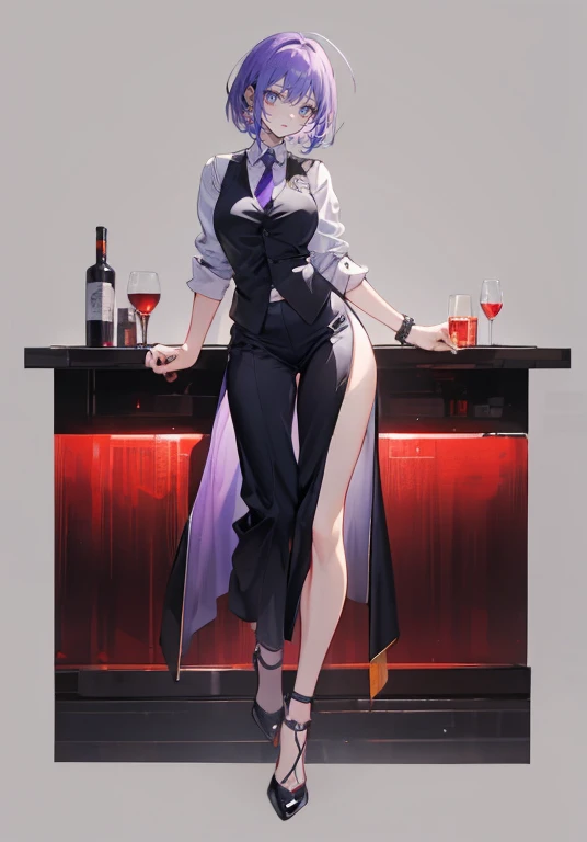 ((Perfect Face)),Purple Hair,Very Short Hair,1 female,bartender,,Black vest,Shirt with rolled up sleeves,tie,slit,High heels,,((Simple Background)),smile,((Full Body)),((full body)),