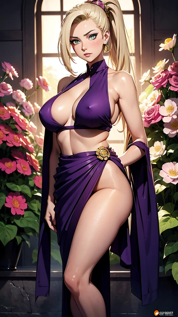 masterpiece, absurdres, ino yamanaka\(boruto\), 1girl, solo,mature female, wearing indian saree, saree has black blouse, purple saree, golden dupatta and golden pallu, looking at viewelling petals), perfect composition, detailed lips, big breast, beautiful face, body proportion, blush, (pink lips), long blonde hair, ponytail hair, green-eyed, soft gaze, super realistic, detailed, photoshoot, realistic face and body, full body picture