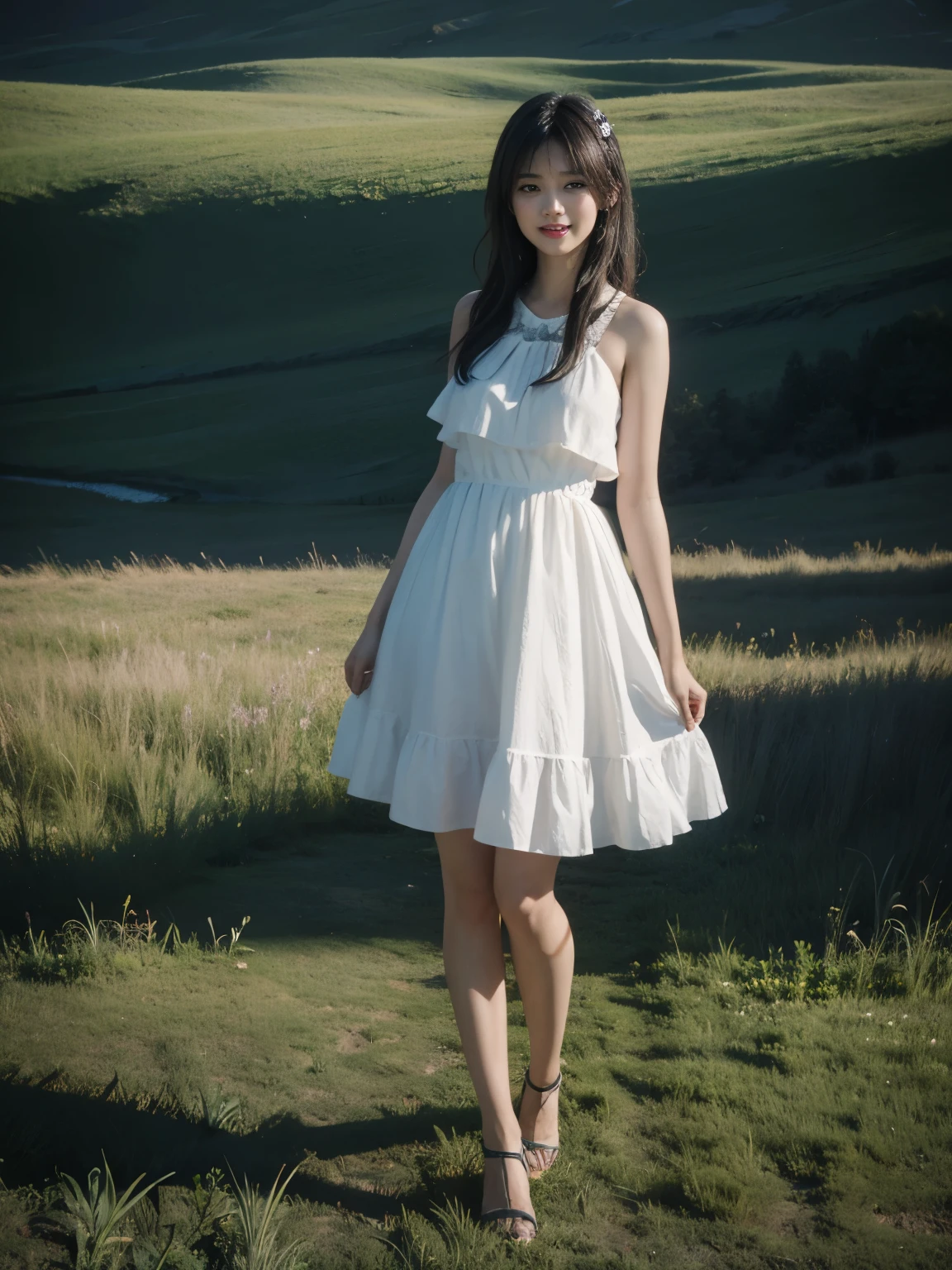 Top quality, realistic, perfect human body structure, very detailed, very delicate and beautiful, RAW photography, walking, forest , dynamic pose, professional lighting, luminescence, depth of field, single focal, ((full body:1.5)), 13 year old girl, smile, brown hair, small head, ((big)), baby face, beautiful eyes, real face, realistic skin, detailed eyes, (fashionable hairstyle: 1.3), gravure idol, absurderes、Incredibly Ridiculous res、Extremely fine,