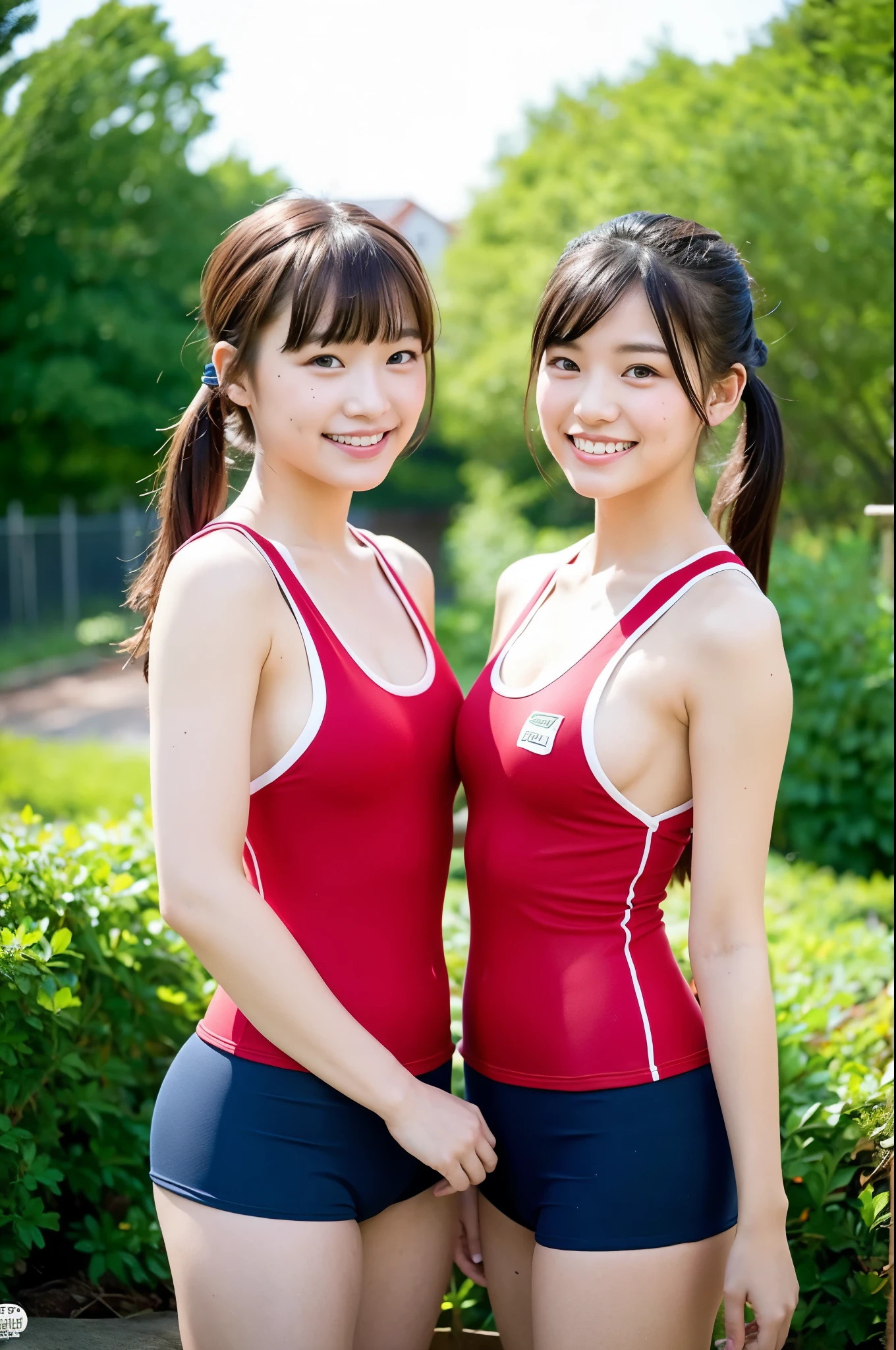 2 girls standing in school garden,red school swimsuit with white piping trim,navy blue school swimsuit with white piping trim,18-year-old,bangs,a little smile,thighs,knees,short hair and low pigtails with barrette,from below,front light