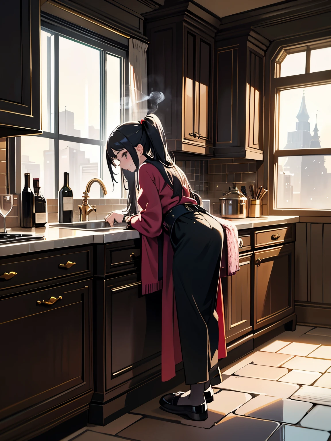 1girl,Street Art, Graffiti, Futurist,A velvet smoking jacket, silk pajama set, leather slippers, quilted velvet robe, and a crystal decanter set and whiskey glass,A modern kitchen with a large window showing a snowy landscape outside, cookies baking in the oven