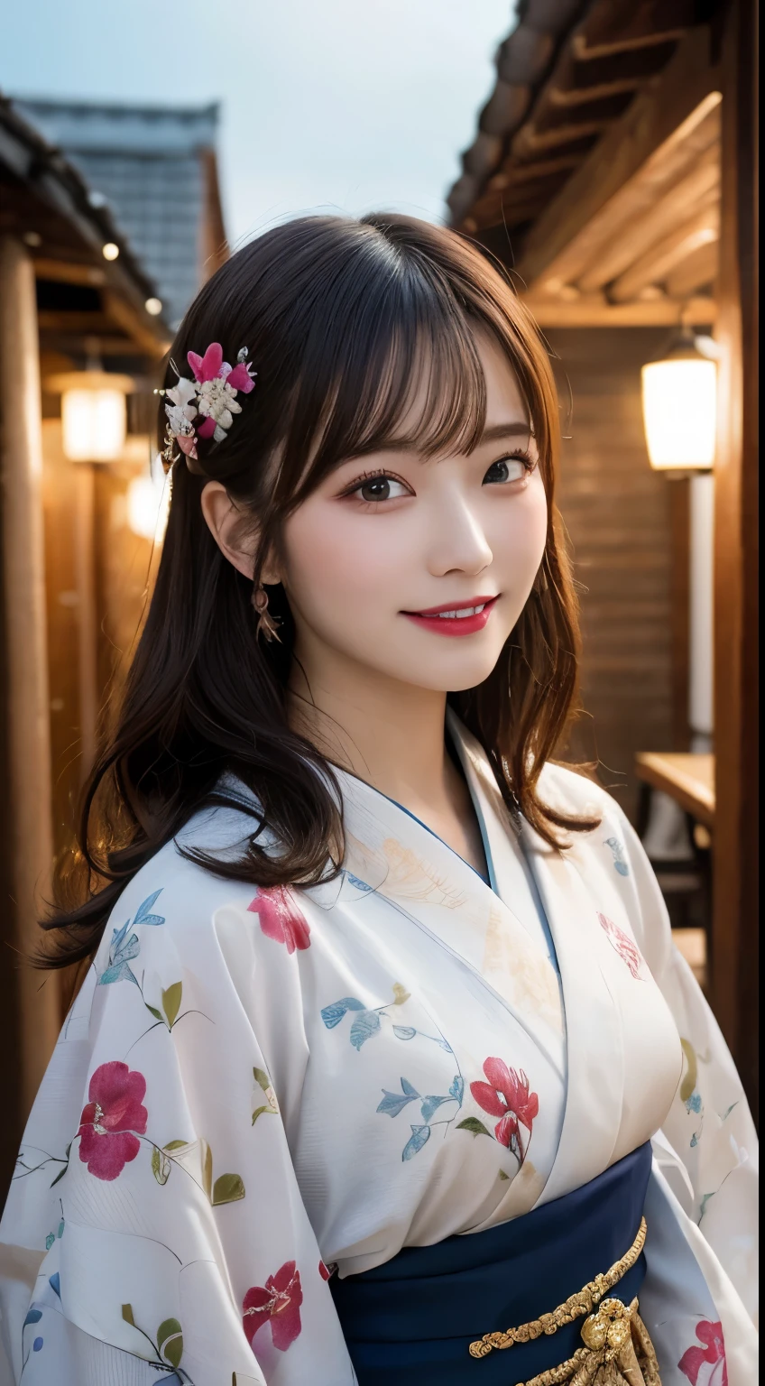 Tabletop, highest quality, figure, Very detailed, In detail, High resolution, 8k wallpaper, Perfect dynamic composition, Beautiful fine details, kimono,Medium Hair, Center of chest, Natural color lip, Random sexy poses,smile,shrine、Flower Hair Ornaments、kimono、