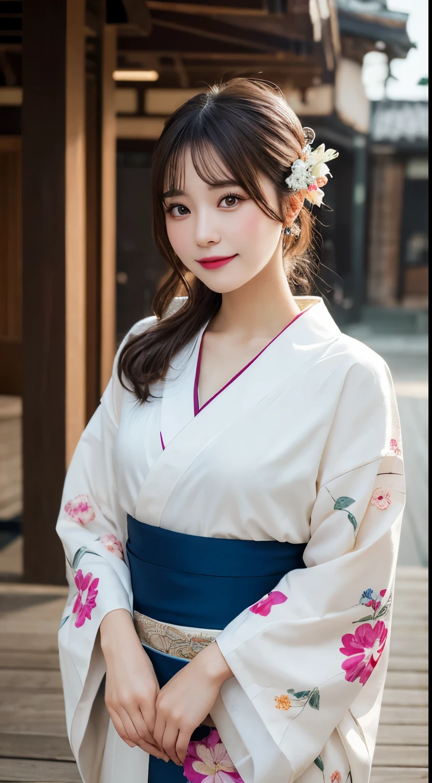 Tabletop, highest quality, figure, Very detailed, In detail, High resolution, 8k wallpaper, Perfect dynamic composition, Beautiful fine details, kimono,Medium Hair, Center of chest, Natural color lip, Random sexy poses,smile,shrine、Flower Hair Ornaments、kimono、
