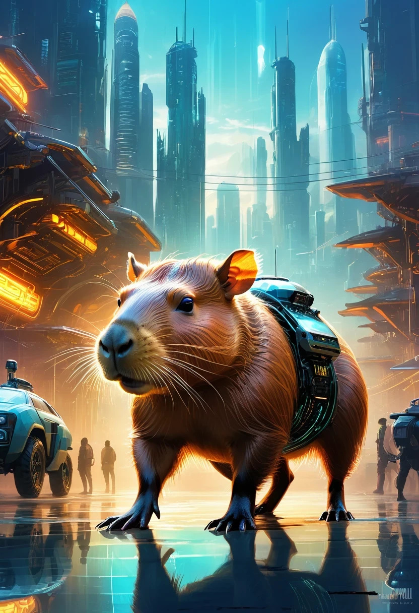Translucent Ethereal Mechanical Capybara,Capybara Mechanical,Future city background,Beautiful sci-fi art, Sci-fi digital art illustration, Digital cyberpunk art, Sci-fi digital painting, futuristic digital painting, futuristic concept art, In front of sci-fi cityscape, Sci-fi digital art, Advanced digital cyberpunk art, The Magical Cyberpunk Capybara