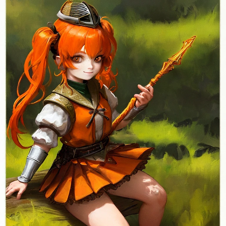 masterpiece, highest quality, 8k wallpaper, Very detailed, 1 girl, Orange Hair, Twin tails, fine grain, Has a spear, warrior outfit,in the forest, Autumn season, Bright smile，freckles，dark，wear a helmet，mini skirt