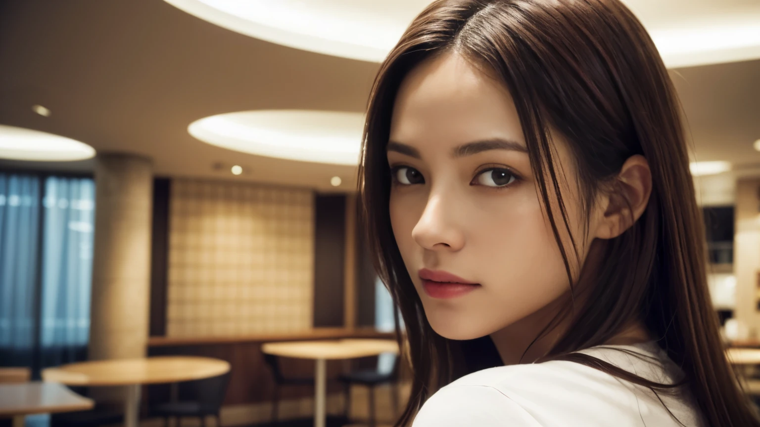 Dressed, (photo Realistic:1.4), (hyper Realistic:1.4), (Realistic:1.3), (smoother lighting:1.05), (Improve movie lighting quality:0.9), 32k, One girl,20 year old girl, Realistic lighting, Backlight, Light on the face, Ray-tracing, (Bright light:1.2), (Improvement of quality:1.4), (Highest quality real texture skins:1.4), Detailed drawn eyes, Detailed painted face, Quality Eyes, (Tired, sleepy and satisfied:0.0), Face close-up, T-Shirts, (Enhance the mood of your body line:1.1), (Enhances the beauty of skin texture:1.1), Photographed inside the cafe
