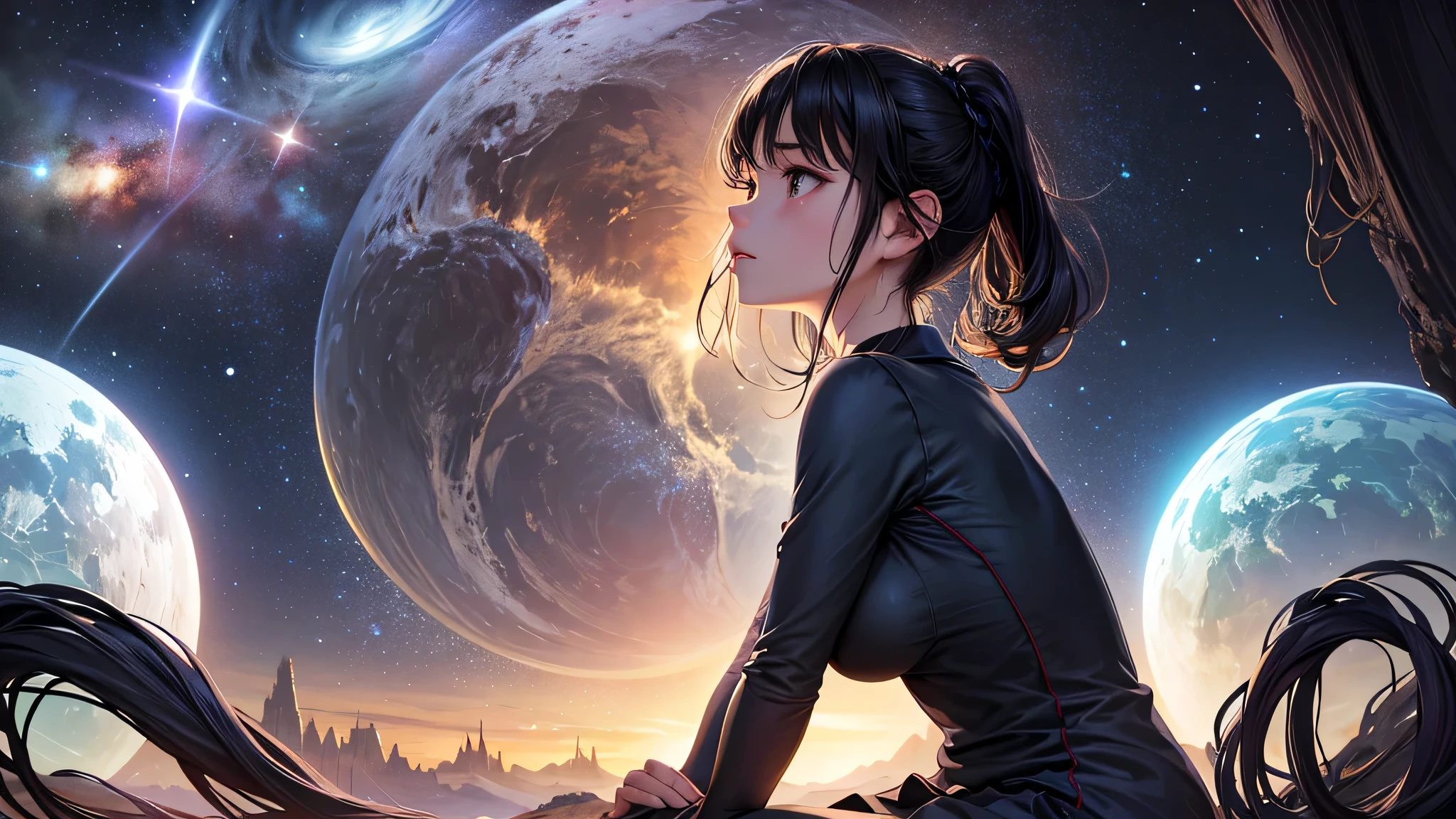 Singular light, alone, woman, face seen from the side, sideways, cosmic, fantsy, looking away:1.4, adult, busty, Ghibli-like design, living room, sitting, dark hair, studying, Completely, landscape orientation, side view, drink