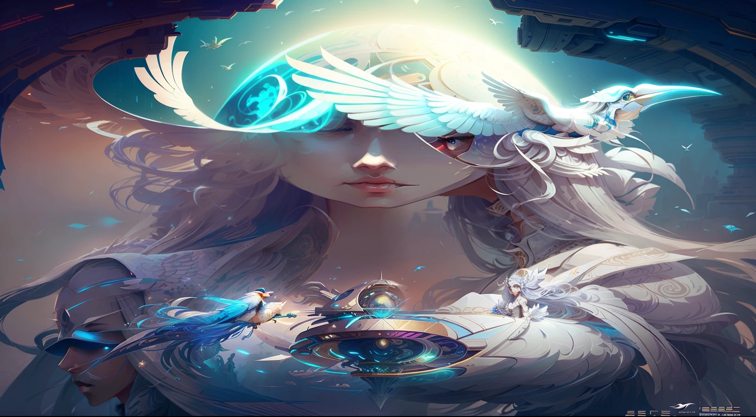 A woman with long hair and a white dress with a bird on her head, Beeple and Jeremiah Kettner, Digital 2D Fantasy Art, Beautiful digital art, Amazing digital illustrations, Beautiful artwork illustration, Futuristic art style, Anime fantasy illustration, Exquisite digital illustrations, Digital fantasy art ), Digital Art Fantasy Art, Amazing digital art