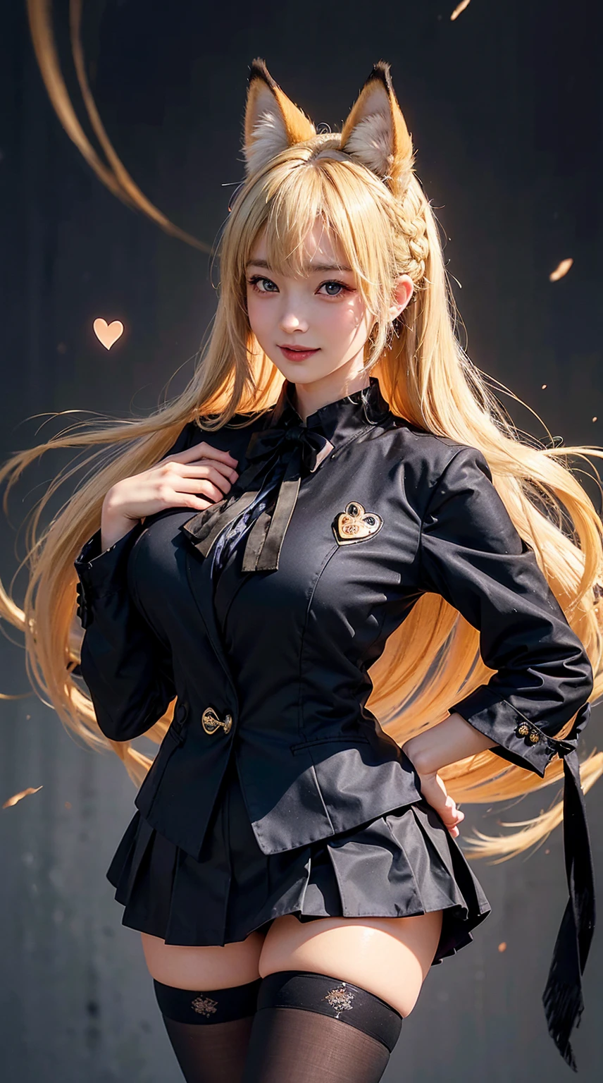(A hyper-realistic), (illustratio), (hight resolution), (8K), (ighly detailed), (The best illustrations), (beatiful detailed eyes), (top-quality), (ultra-detailliert), (masterpiece), (wall-paper), (detailed face), droopy eyes,full of sweat, full body, long legs,Armpit,short-hair,inner colored,solo, big breast, japanes, Colossal 、A smile, wearing black formal blazer, short skirt,blonde hair, french braid, hime cut, very long hair, heart-shaped pupils, animal ears, fox ears, covering ears, kemonomimi mode, seductive smile,(Heart particles: 1.1), Black pantyhose