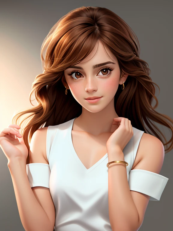 Realistic photo of a beautiful woman 3mm4w-v2,  1 girl, One, long hair, I look at the viewer, Simple background, Brown hair, bare shoulders, Brown eyes, Jewelry, upper body, without sleeves, Gray background, hands up, bracelet, lips, without sleeves shirt, draw up, portrait, realistic, Soft lighting, professional photography, Photorealistic, detailed, RAW, analog, sharp focus, 8K, HD, high quality, masterpiece, chest cutout 